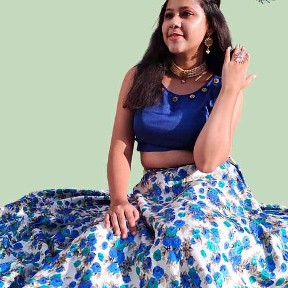 Blue Floral Print Raw Silk Skirt with Crop Top - Picture 2 of 6